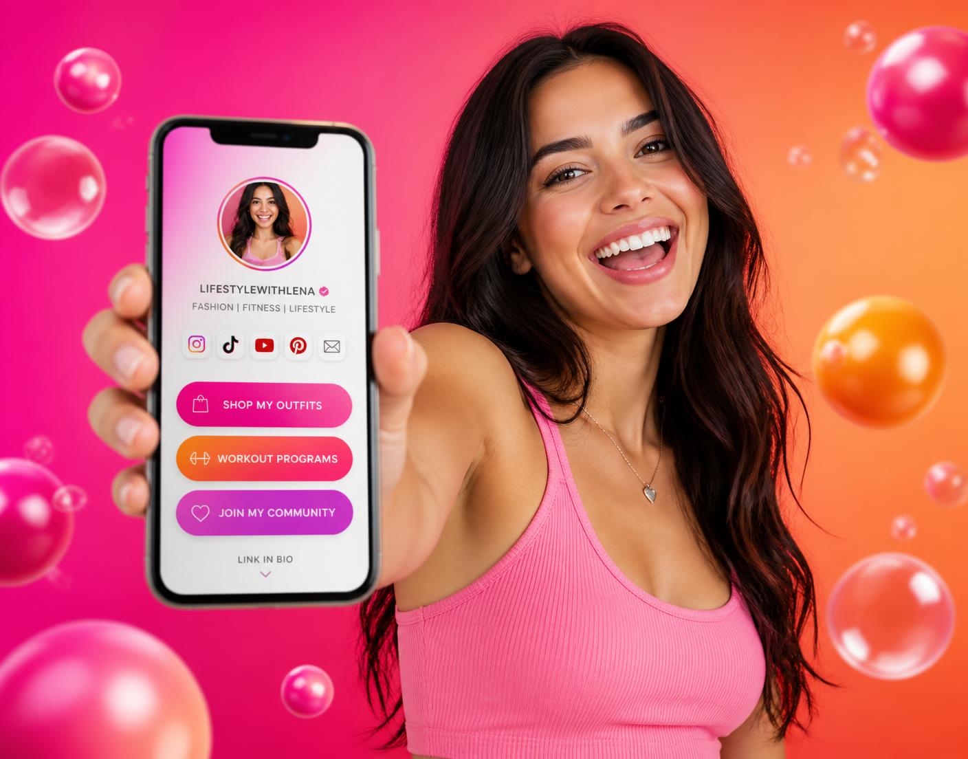 Creator holding up her phone showing her LaunchLinks bio page